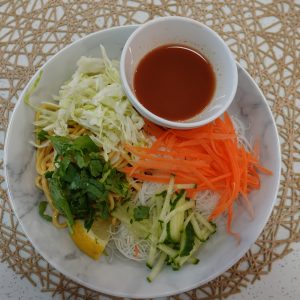 Let thoke sone (Egg Noodles, Vermicelli, Vege with spicy sauce)